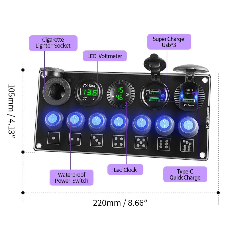 12V 7 Gang ON-Off Rocker Toggle Switch Panel QC PD Quick Charge Voltmeter Waterproof USB Car Charger Accessories Truck Boat RV