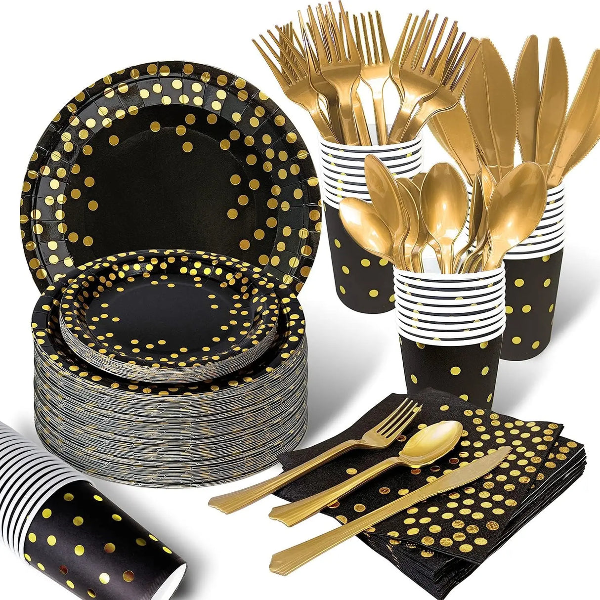 Black and Gold Party Supplies Polka Dot Plate Disposable Party Dinnerware Golden Spoon Fork Cup Tablecloth for Graduation