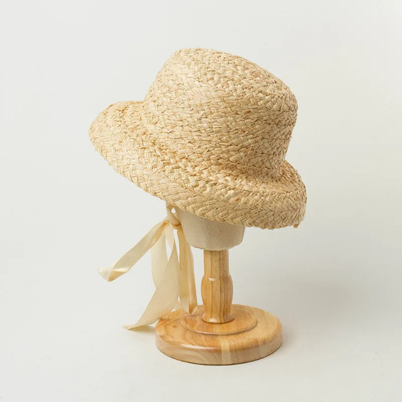 2023 Children Hand-knitted Raffia Retro Flat Top Sun Hats Girls and Boys Summer Travel Sunscreen Vacation Straw Hat with Lacing