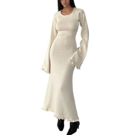 chic and elegant Women's Long Sleeve Knitted Bodycon Dress Tie Backless Round Neck Solid Color Ruffle Trim Long Dress Beachwear