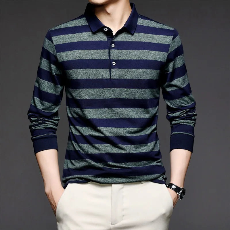 Spring and Autumn Men's Pullover Polo Adjustable Contrast Button Long Sleeve T-shirt Polo Bottom Fashion Casual Formal Tops