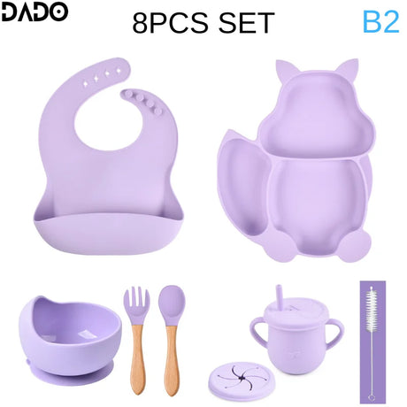 Baby Feeding Set Silicone Suction Bowls Divided Plates Straw Sippy Cup Toddler Self Eating Utensils Dishes Kit Bibs Spoons Fork