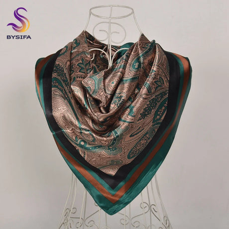 BYSIFA| Fall Winter Elegant Floral Design Scarves Shawls New Green Orange Square Silk Scarf 90*90cm Women Neck Head Scarf Hijab