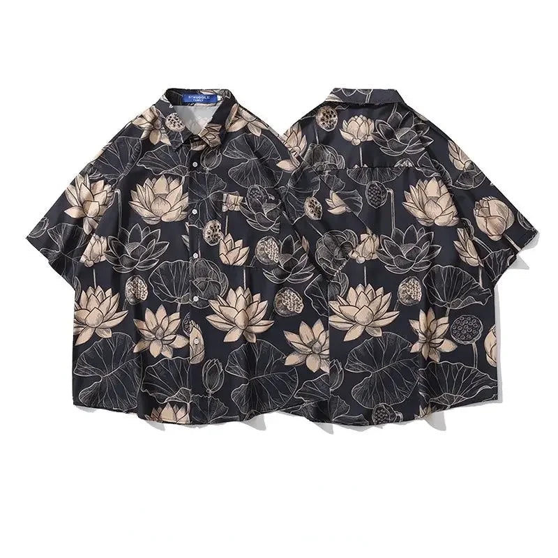 Retro HK Wind Full Printed Short Sleeved Shirts Loose Casual Shirt Jacket Men and Women for Summer