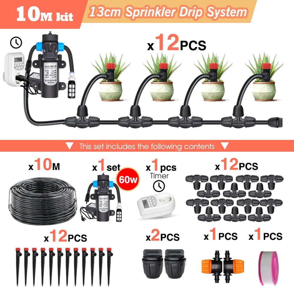 50-5M 13cm Stake Sprinkler Watering System Garden 60W Power Self-Priming Pump Automatic Irrigation Equipment 1/4”Hose Drip Kits