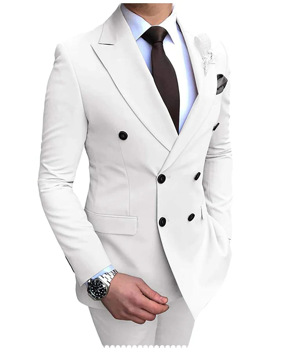 2024 New Beige Men's Suit 2 Pieces Double Breasted Notch Lapel Flat Slim Fit Casual Tuxedos For Wedding(Blazer+Pants)