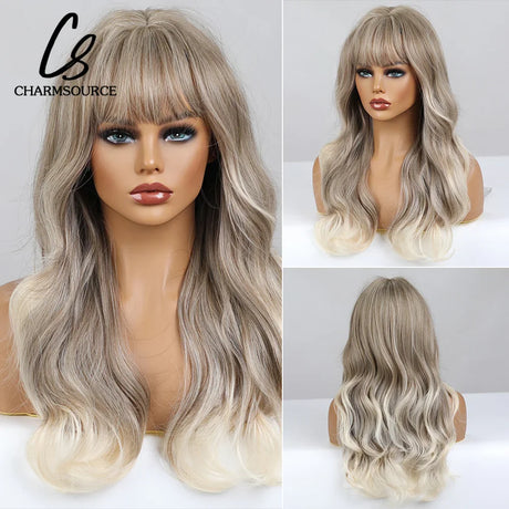 CharmSource Blonde Wavy Wig with Bangs Party Dresses for Women Natural Synthetic Hair Daily Cosplay Heat Resistant Fiber Wig