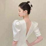 Bride French White Wedding Dress Women Sexy Backless Satin Half Sleeve Mermaid Dresses Elegant Evening Guest Long Party Dress