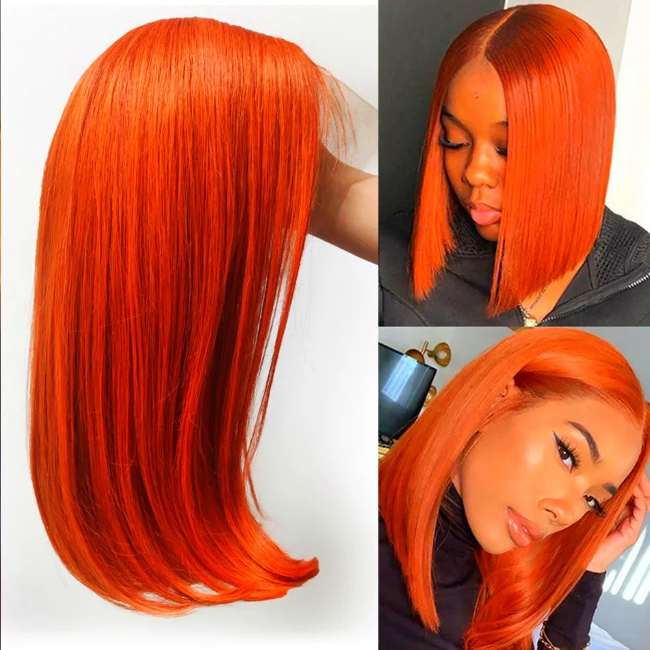 Ginger Brown Lace Front Wig Bone Straight Lace Front Wig Raw Indian Human Hair Orange Ginger Lace Frontal Wig Short Bob Wig 180%