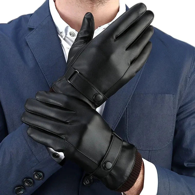 Fleece Leather Gloves Men's Winter Autumn PU Linings Cashmere Warm Sports Male Driving Mittens Waterproof Tactical Glove Guantes