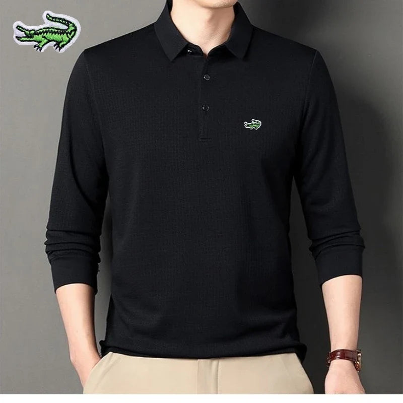 New Men's Embroidery Brand High Quality Knitted Long Sleeve Polo Shirt Four Seasons Casual Fashion Ribbed Long Sleeve Top T-shir