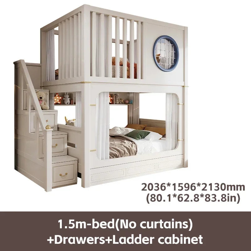 Modern High And Low Kids Bed With Ladder Cabinet Safety Fence Bunk Bed  Multifunctional Solid Wood Children Bed For Boy And Girl