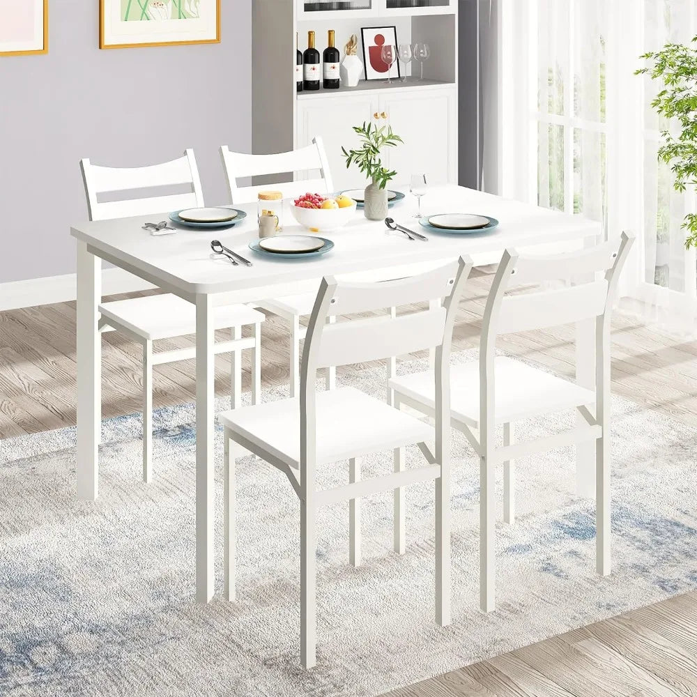 Dining Table Set for 4, Modern 5 Piece Kitchen Table and Chairs for 4, Wooden Kitchen Table with 4 Curved Backrest Chairs Dinner