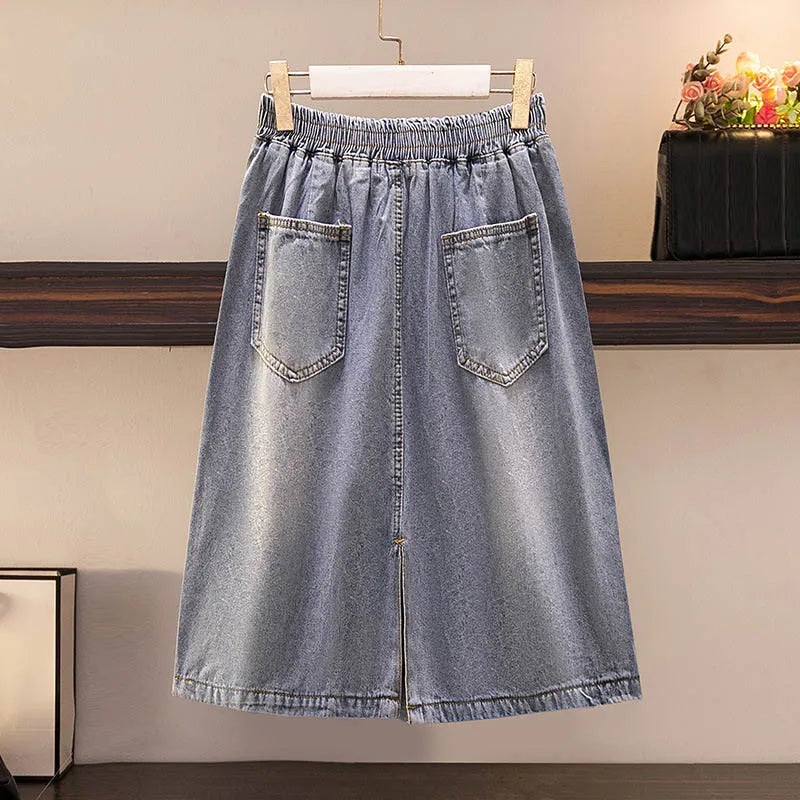 150Kg Plus Size Women's Summer Loose Elastic Waist Denim One Step Hip Skirt Hip 154 Back Hem Slit Skirt Blue 5XL 6XL 7XL 8XL 9XL