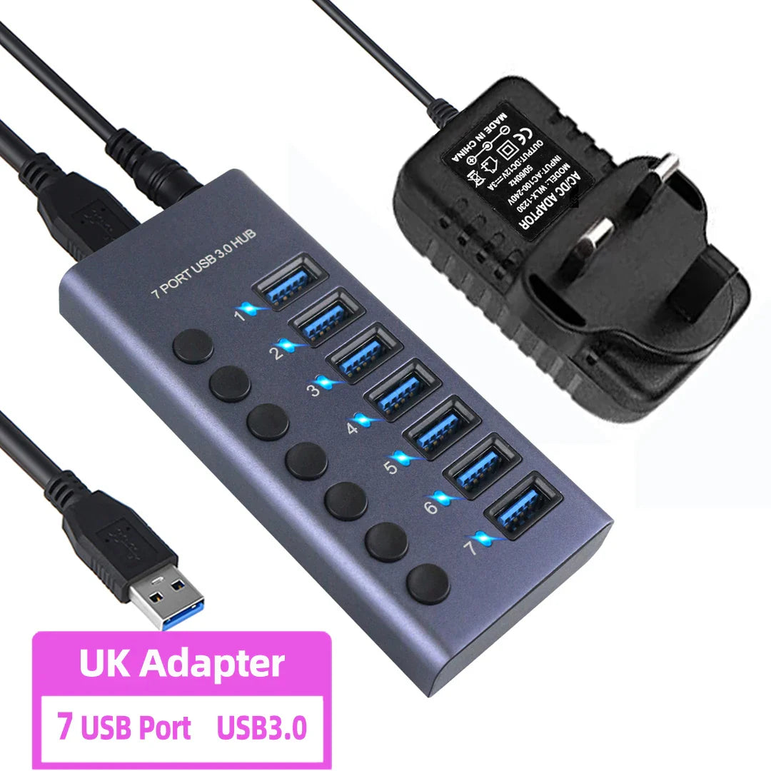 Metal USB 3.0 Hub Multi USB Splitter 4/7/10Ports Use Power Adapter Multiple Expander 2.0 Hub With Switch For Laptop Accessoriess