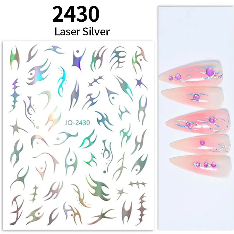 3D Silver Frame Nail Sticker Silver Bronzing Stripe Lines Sliders For Nails Tribal Pattern Decals Marble Blooming Nail Tattoos