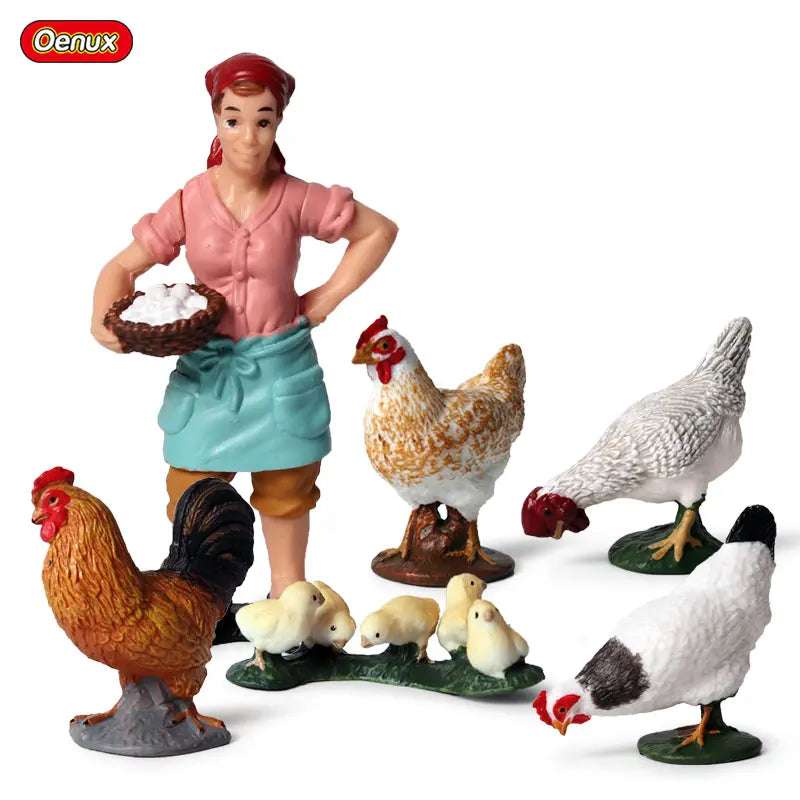 Oenux Farm House Model Action Figures Farmer Motorcycle Cow Hen Pig Animals Set Figurine Miniature PVC Cute Educational Kids Toy