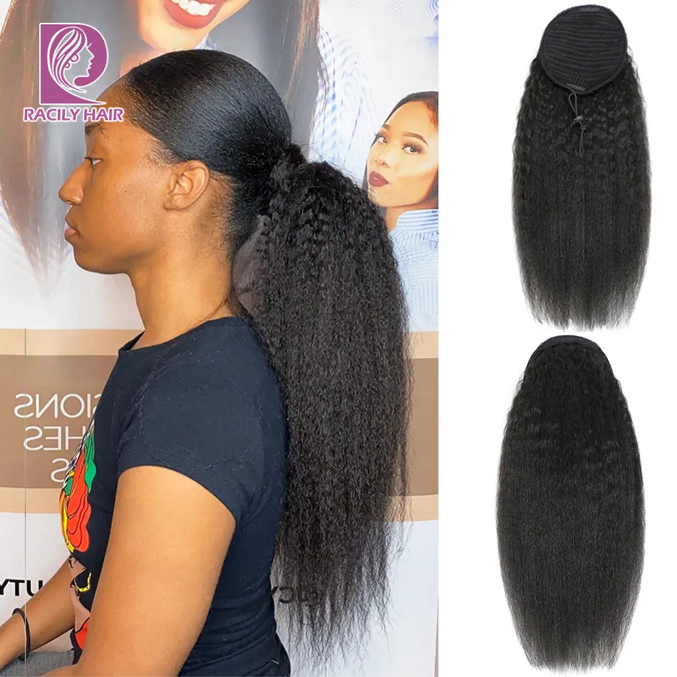 Racily Hair Brazilian Afro Kinky Straight Pony Tail Remy Drawstring Ponytail 100% Human Hair Ponytail Extensions Natural  Hair