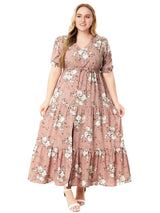 Plus Size Floral Print Half Sleeve Split Hem Maxi V Neck Long Dresses For Women