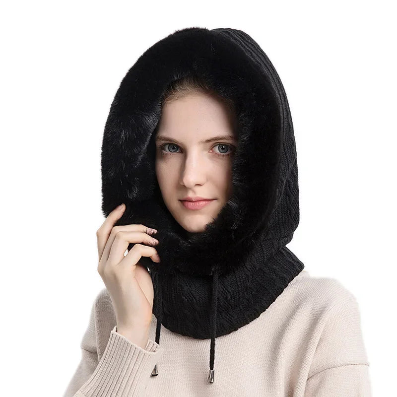 Thicken Fleece one-piece Hat Women Knitted Fluffy Cap Scarf Mask Set Hood Winter Warm Outdoor Ski Windproof Plush Beanies Bonnet