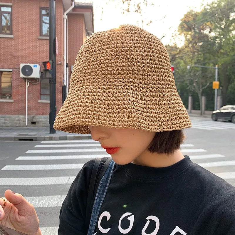 Beach Korean Straw Hat Summer Women Visor Bucket Hat Fisherman Hat Hand Weaving Panama Girl Fishing Chapeau Sun Hats for Women