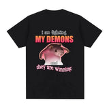 Funny I Am Fighting My Demons and The Are Winning Mouse Meme T-shirt Creative men Short Sleeve Plus Size Women T-shirts