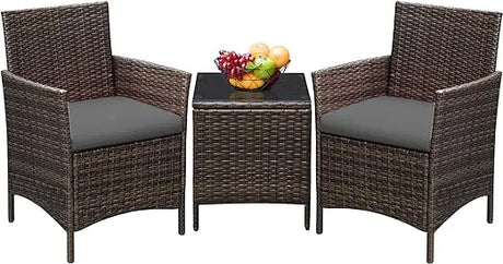 Greesum 3 Pieces Patio Furniture PE Rattan Wicker Chair Conversation Set, Brown and Beige, 26.6x12.1x19.3 inches