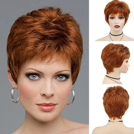 GNIMEGIL Synthetic Short Pixie Cut Wig Women Natural Hairstyle Bangs Wig Blonde Mix Brown Soft Straight Wig for Chemo Patient