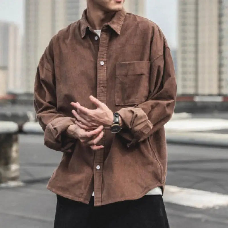 Black/coffee/gray Corduroy Shirt Men's Fashion Retro Pocket Casual Shirt Men Autumn Korean Loose Long-Sleeved Shirts Mens M-2Xl