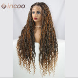 32 inch Butterfly Loc Dark Ginger Full Lace Front Braided Wig Water Wave Curly Wigs Distressed Knotless Box Braids Cornrow Wig