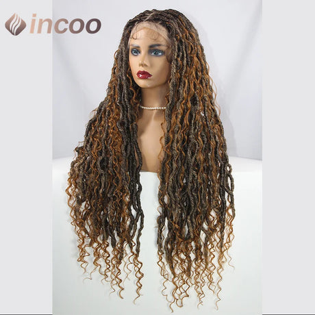 32 inch Butterfly Loc Dark Ginger Full Lace Front Braided Wig Water Wave Curly Wigs Distressed Knotless Box Braids Cornrow Wig