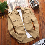 Men's Shirts Military Casual Shirt Cotton Khaki Retro Slim Fit Army Pocket Long Sleeve Vintage Jacket Streetwear Drop Shipping