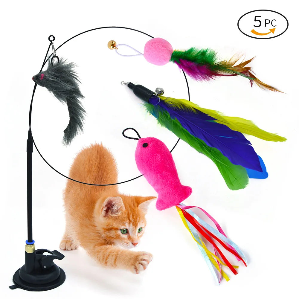 Interactive Cat Toy Handfree Cat Stick Playing Kitten Playing Teaser Wand Toy Suction Cup Bird/Feather Cat Wand Toys Set