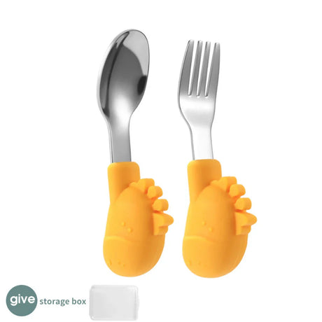 Supplementary Food Spoon With Storage Box Non-slip Comfortable Grip Cartoon Cute Baby Cares Stainless Steel Fork Spoon 5 Colors