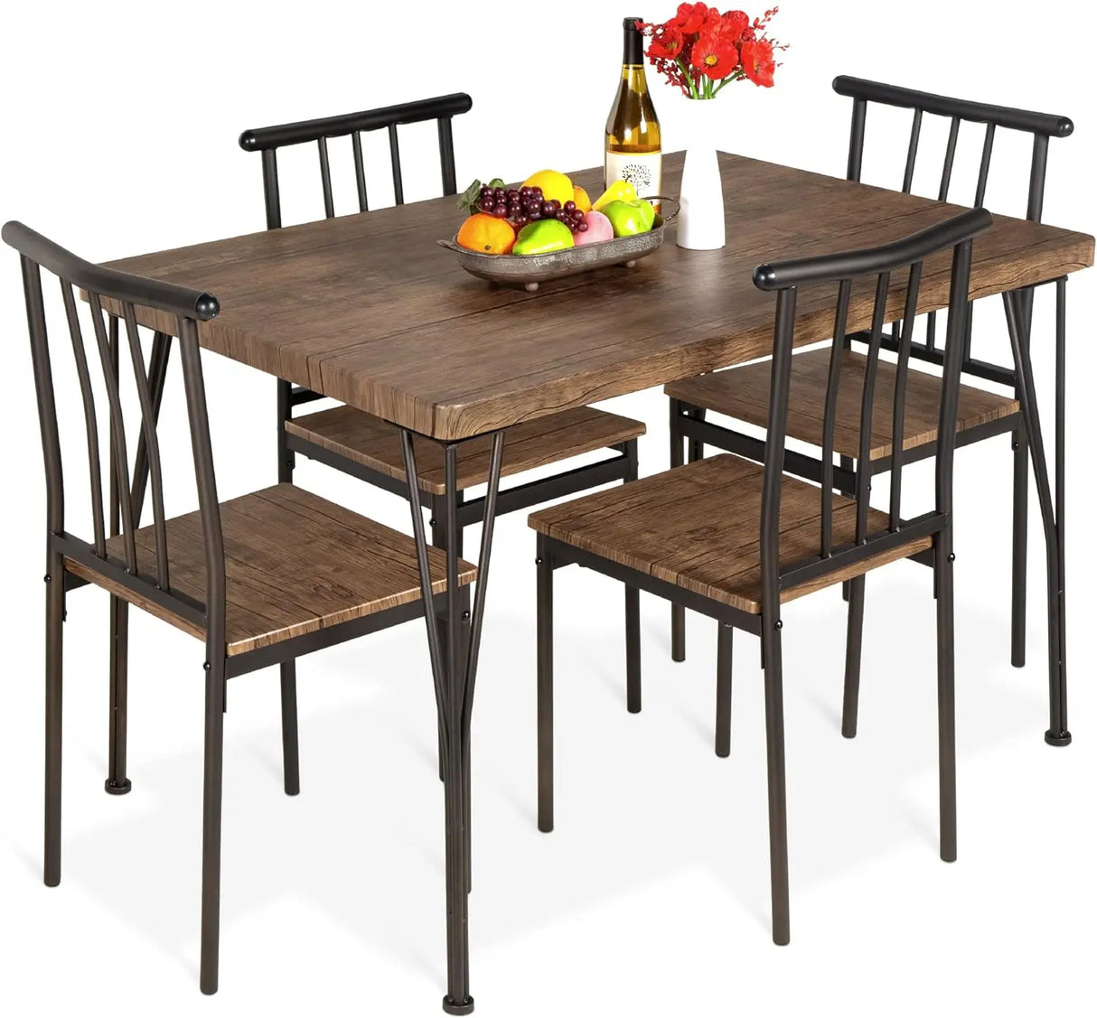 5-Piece Metal and Wood Indoor Modern Rectangular Dining Table Furniture Set  / 4 Chairs - Drift Brown