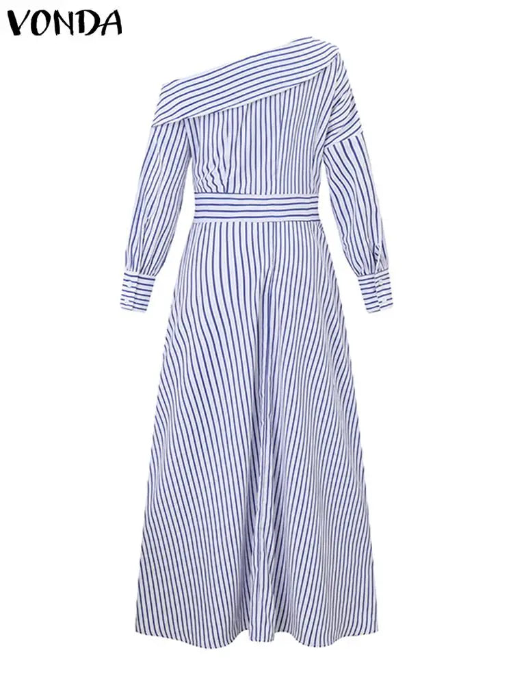 Plus Size 5XL VONDA 2024 Elegant Striped Maxi Dress Bohemian Women Sundress Casual Loose Off Shoulder Long Sleeve Party Vestidos