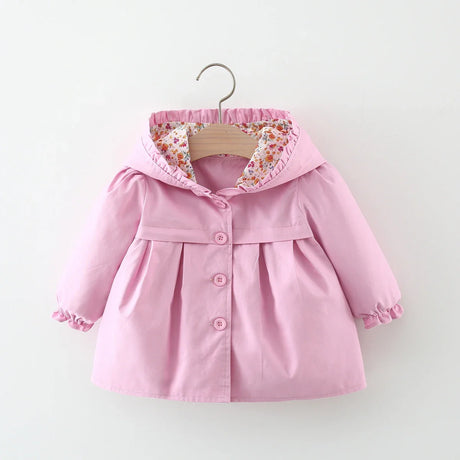 Spring and Autumn Girls Long sleeved Solid Color Hooded Windproof Coat Top Children's Wear Jacket Mid length Korean Edition