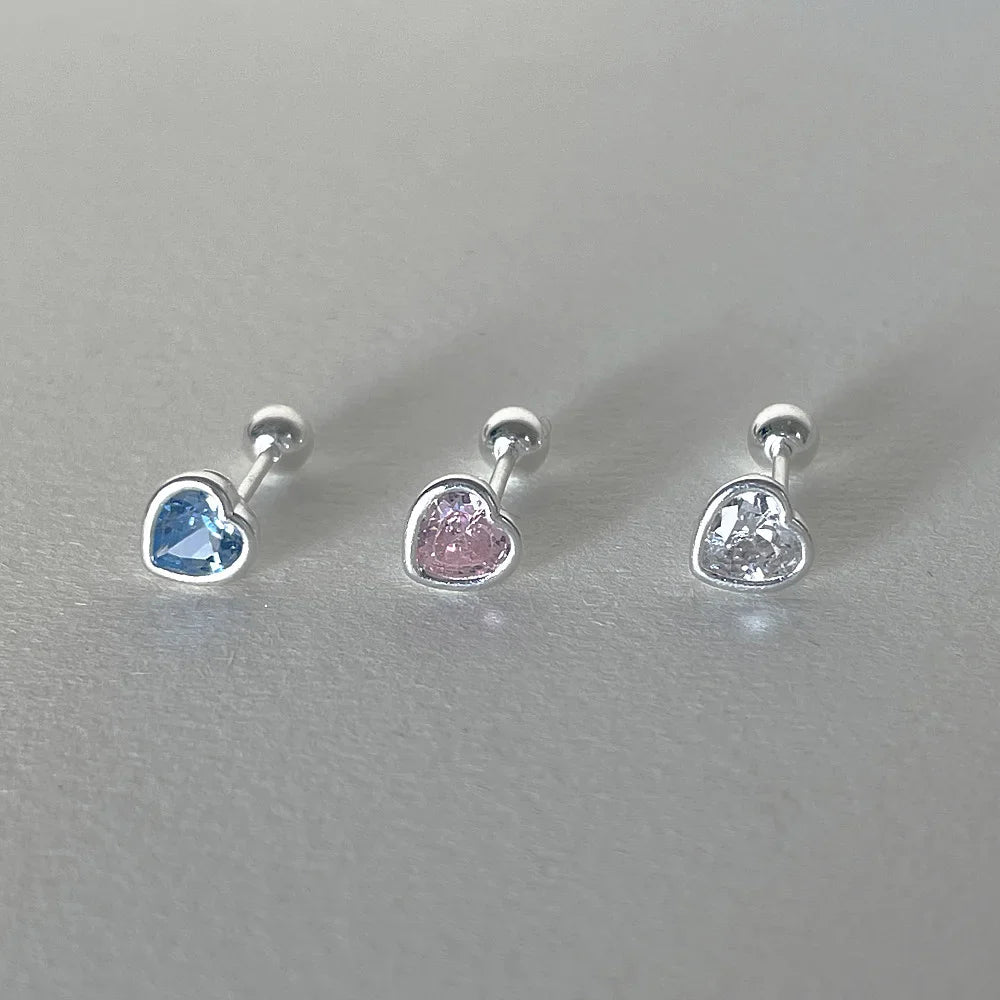 Tragus Helix Piercing Heart Earrings for Women Simple Pink Blue Zircon Silver Color Daith Lobe Ear Stud Cartilage Jewelry KAE312