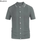 2024 Men's Summer Short Sleeve Polo Shirts Knitted Lapel Cardigan Top Stripe Stitching Men Polo Tee Shirt Fashion Camisa Hombre