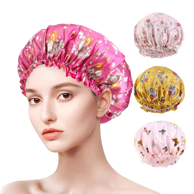 Women Satin Bonnets Printed Floral Edge Nightcap Fashion Imitated Silk Fabric Home Cap Lady Elastic Hair Care Beauty Makeup Hat