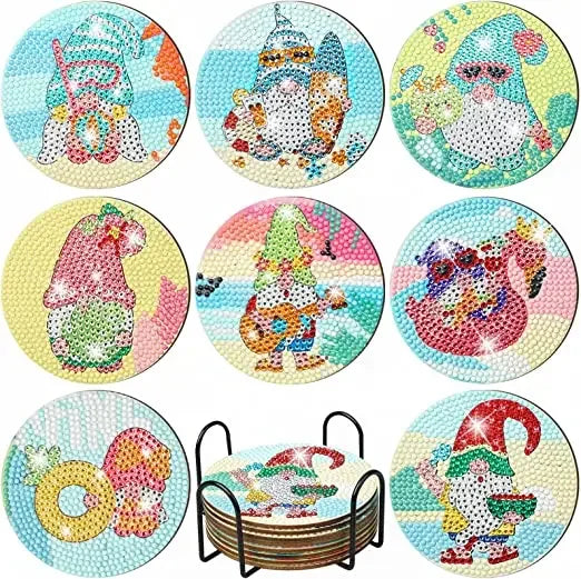 8Pcs DIY Diamonds Painting Coaster Animal Flower Non-slip Anime Art Mosaic Cup Cushion with Rack Rhinestones Paintings Decor