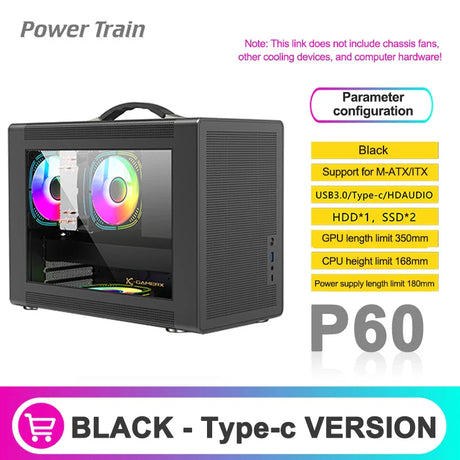 Power Train P60 M-ATX Portable Computer Case ITX Motherboard ATX/SFX Power Supply Support  U3 Type-C Desktop MINI Small Chassis