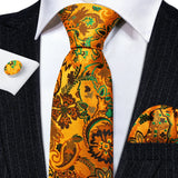 Luxury Ties for Men Gold Green Floral Silk Neck Tie Handkerchief Cufflinks Set Wedding Free Shipping Barry·Wang Tie Clip 5951