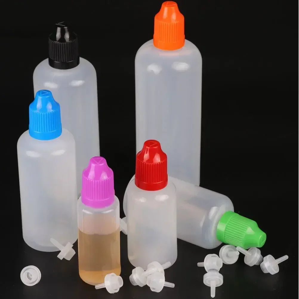 100pcs 5ml-120ml LDPE Empty Plastic Squeezable Bottles Eye Dropper E Liquid Juice Refillable Containers with Caps and Plug Tips