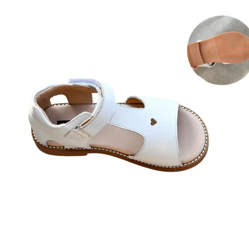 Girls Sandals Genuine Leather Sandal for Toddler Girls Kids T-Strap Summer Sandal with Heart Design Children’s Non-Slip Flats