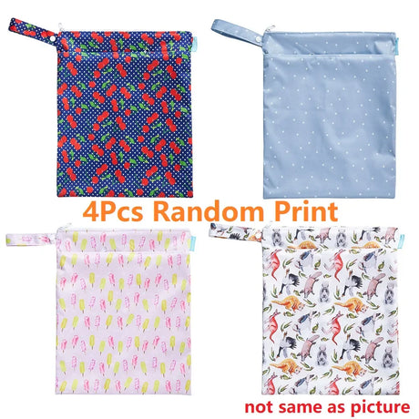 HappyFlute 30*36CM Dry&Wet Random-Print-4Pcs 2Pocket Zipper Snap Handle Can Be Hung Waterproof&Washable Mummy's Cloth Diaper Bag