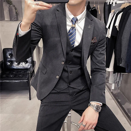 S-7XL (Jacket+Vest+Pants) Fashion Boutique Lattice Formal Business Mens Suit 3pcs Set Groom Wedding Dress Plaid Suit Show Stage