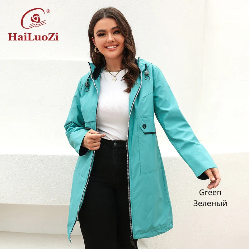 HaiLuoZi 2022 Women's Trench Coat Plus Size Jacket for Women spring Short Parka Hooded Casual Windbreaker Pockets Outwear 2202