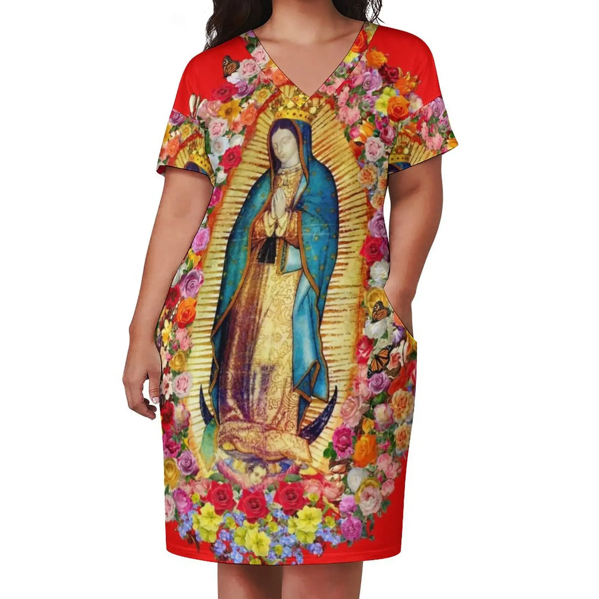 Virgin Mary Catholic Dress Short Sleeve Our Lady of Guadalupe Street Style Dresses Holiday Kawaii Casual Dress Plus Size Clothes