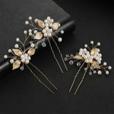 Pearl Flower Hairpin Side Comb Golden Leaf Shaped Alloy Tiaras Wedding Bride Insert Hair Clips Hair Jewelry Bride Headwear